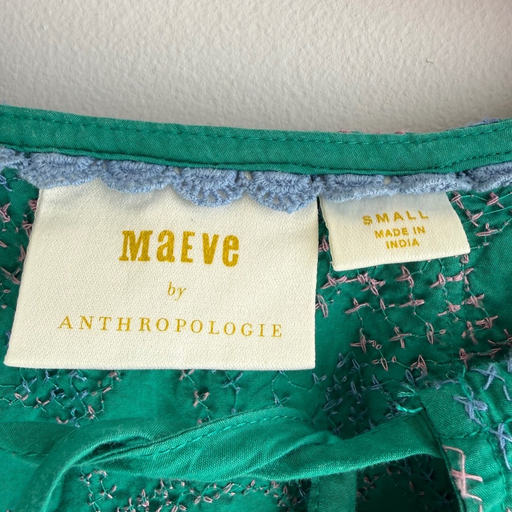 MAEVE by ANTHROPOLOGIE Green Ruffled Button Down Bohemian Ladies Blouse, S - Picture 3 of 6